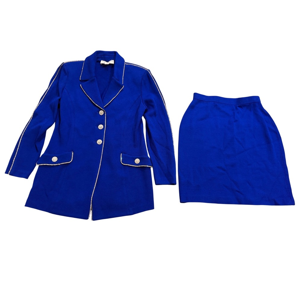 St John Evening Marie Gray Knit Blazer Womens 2 / 4 Royal Blue Rhinestone 2piece
